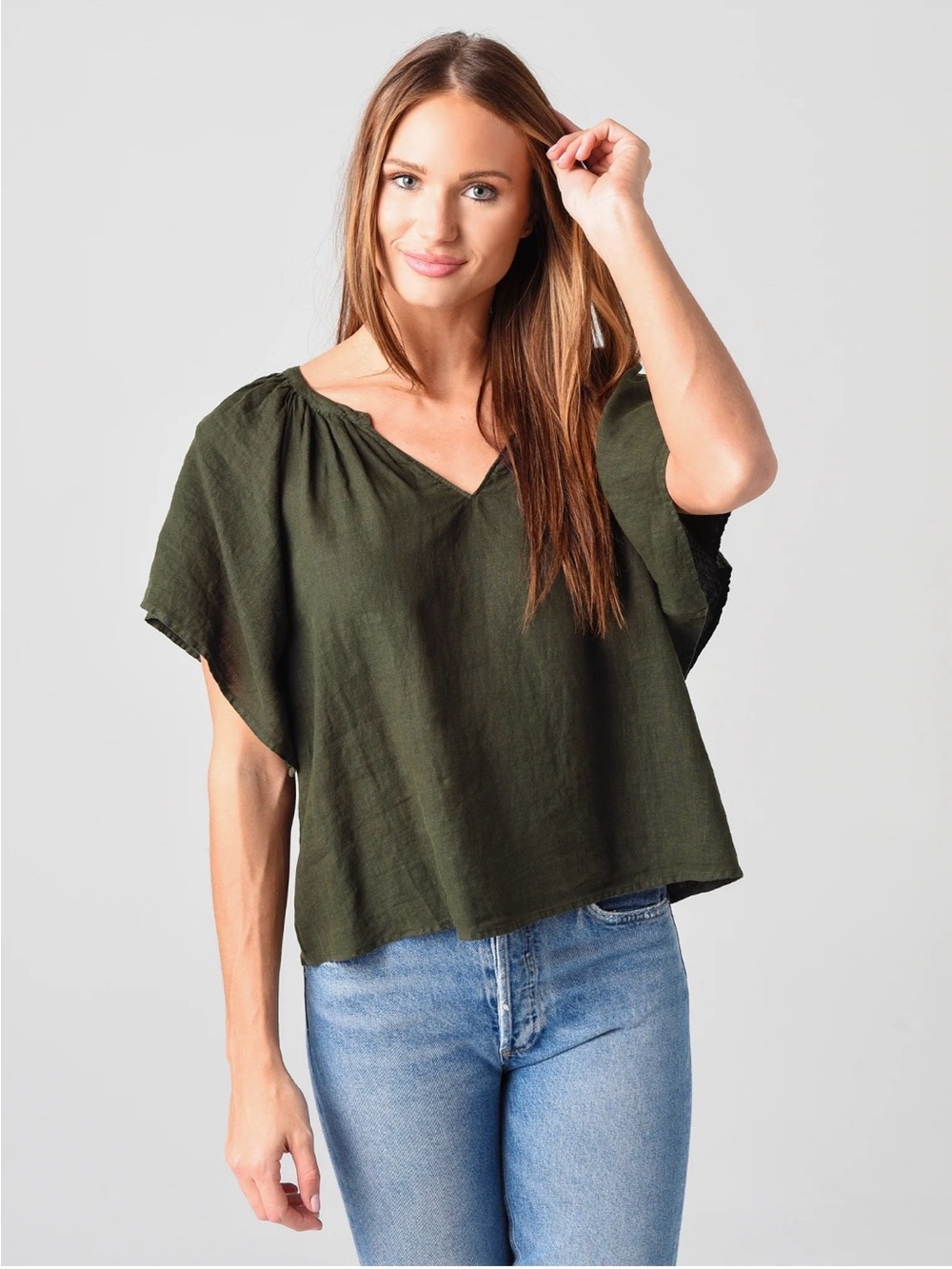 Velvet Graham Spencer Kalila Linen Top XS V Neck Peasant Blouse Olive Green